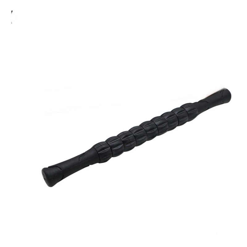 Black deep tissue massage roller stick with textured grip handles for muscle relief