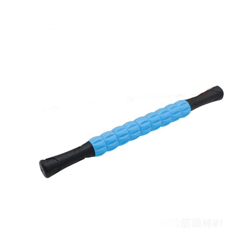 Blue and black deep tissue massage roller with ergonomic handles for muscle relief