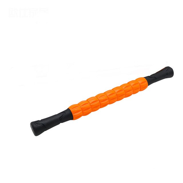Orange and black deep tissue massage roller with textured grip handles for muscle relief
