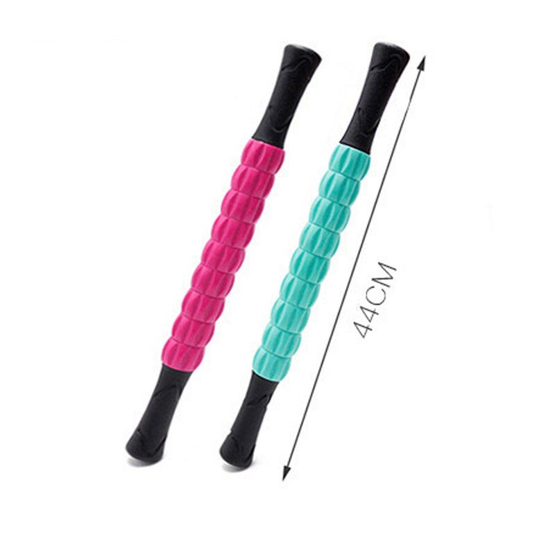 Two 44cm deep tissue massage rollers in pink and teal with black handles for muscle relief