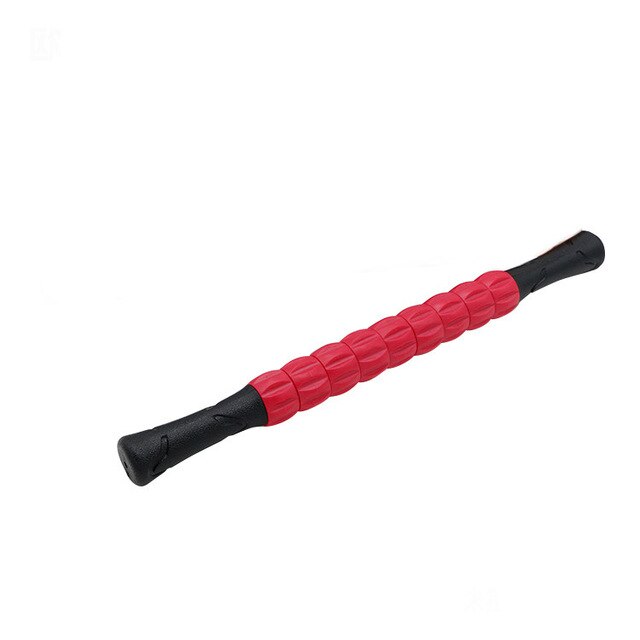 Red and black deep tissue massage roller with textured grip handles for muscle relief