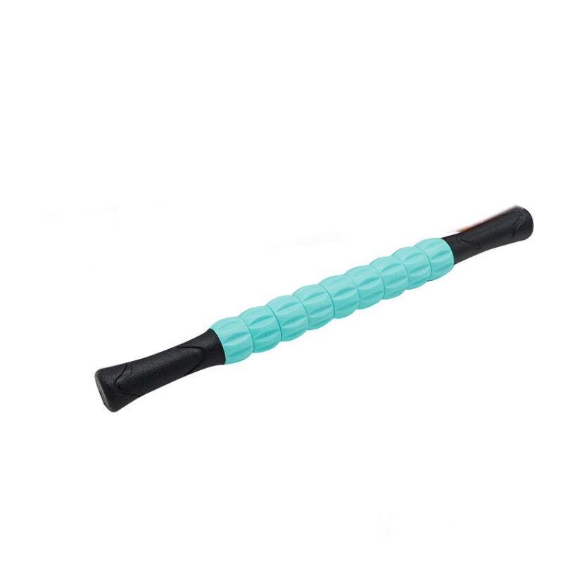 Turquoise and black deep tissue massage roller with ergonomic handles for muscle relief