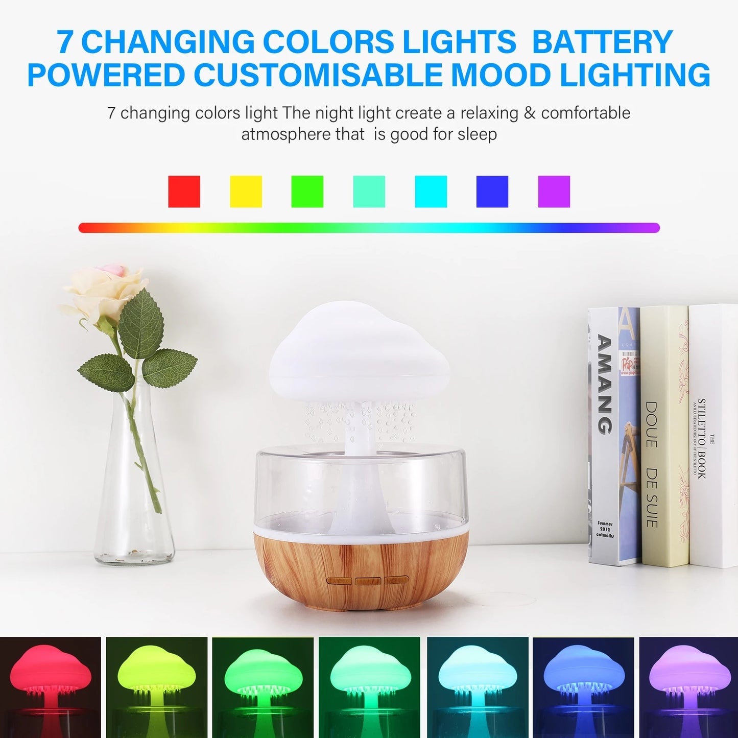 Desktop rain cloud humidifier with 7 changing colors and battery powered customizable mood lighting