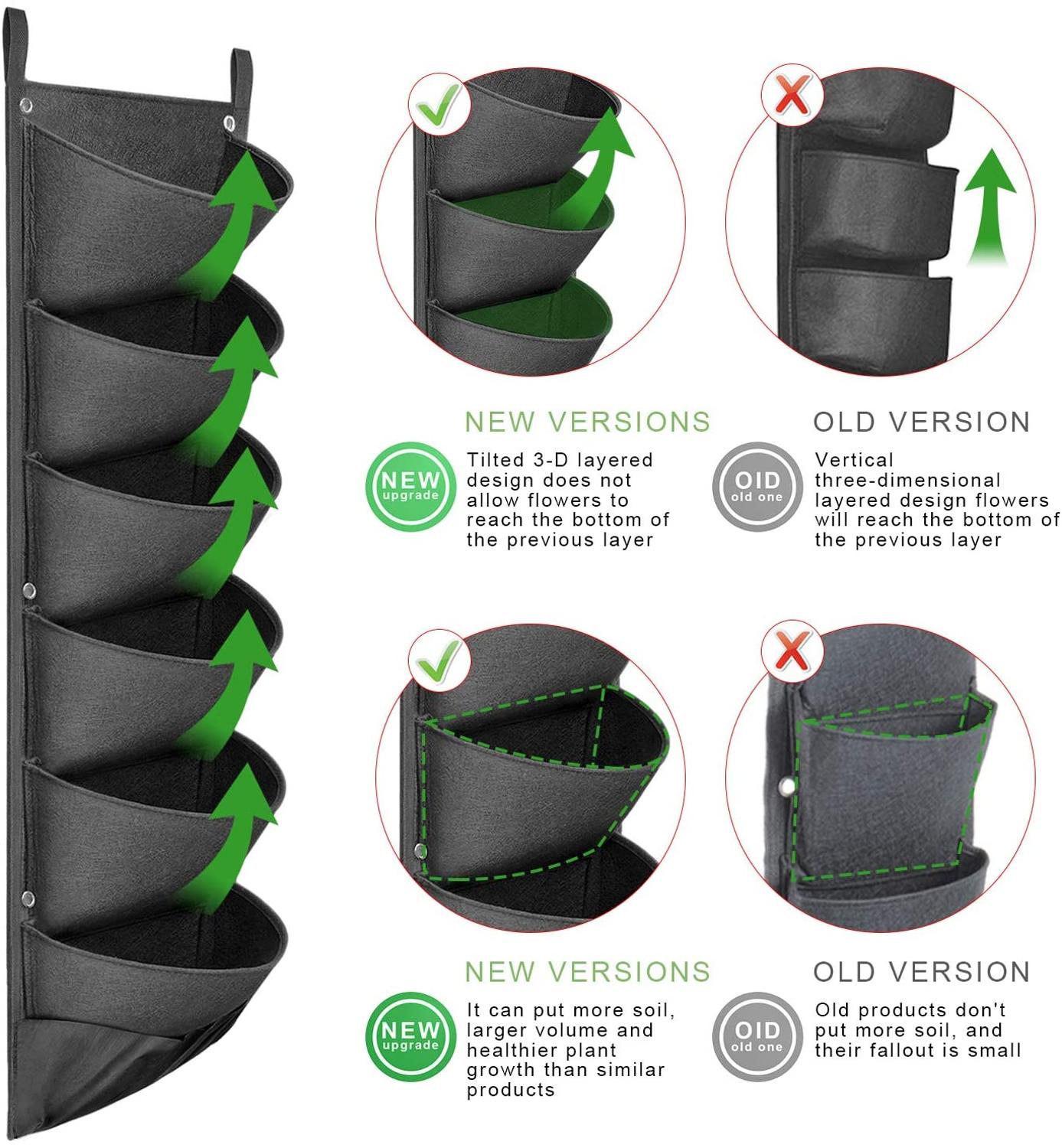 Black vertical garden wall planter with tilted 3D layered pockets showing new version benefits versus old design