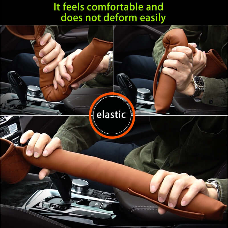 Brown leather car seat gap filler shown being stretched and installed between car seat and console