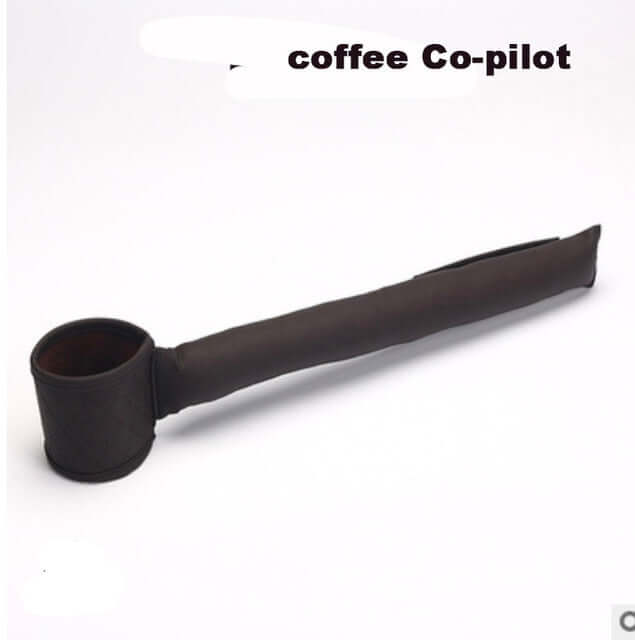 Brown leather car seat gap filler with attached cup holder for car coffee co-pilot