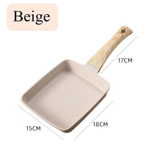 Beige Non-Stick Wave Bottom Tamagoyaki Omelette Saucepan with wooden handle and dimensions