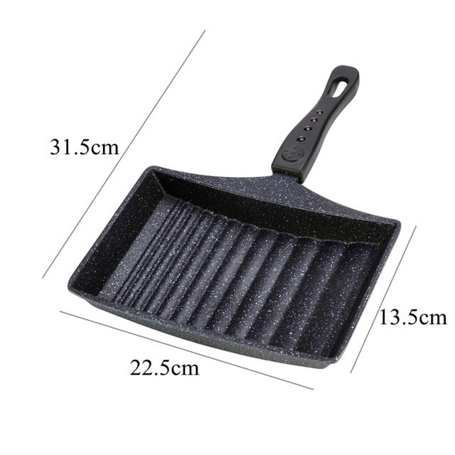Non-Stick Wave Bottom Tamagoyaki Omelette Saucepan with black handle and measuring dimensions