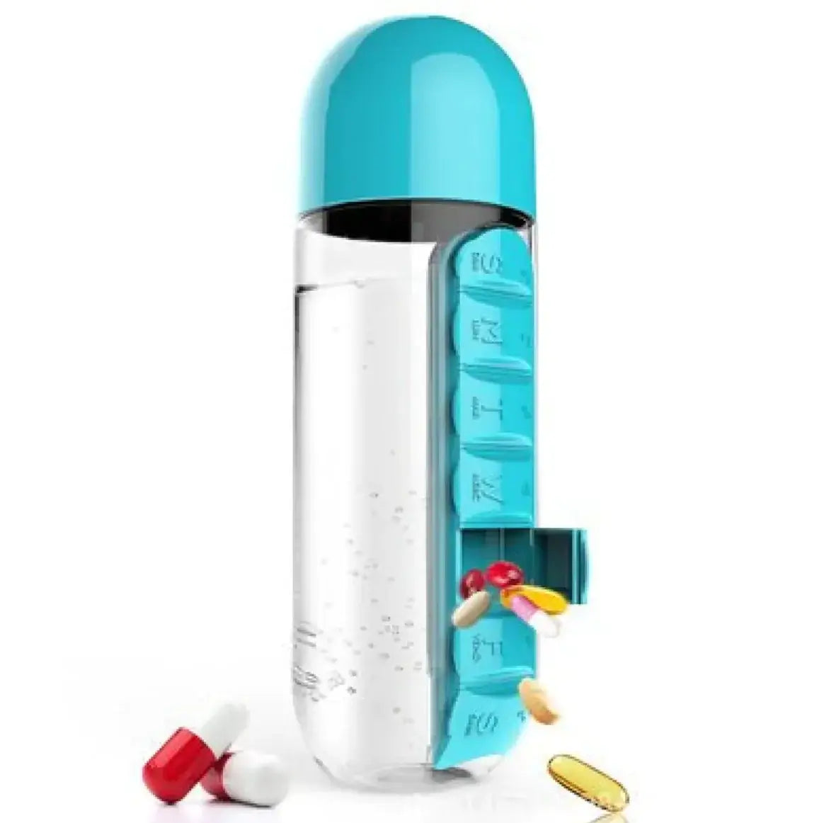 FreshWave Essentials pill organizer water bottle with blue cap and built-in daily pill compartments