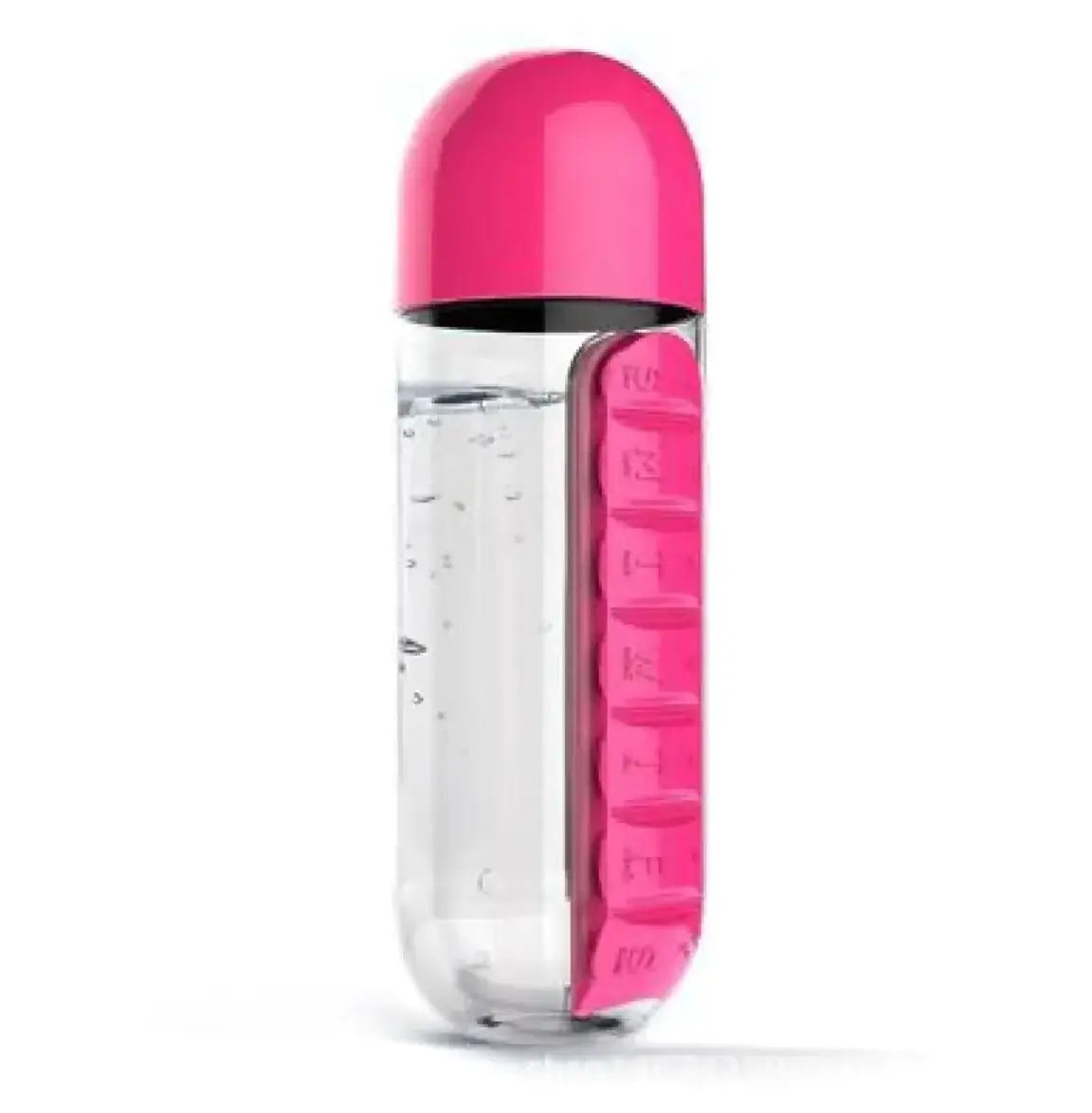 FreshWave Essentials pink pill organizer water bottle with clear container and daily compartments