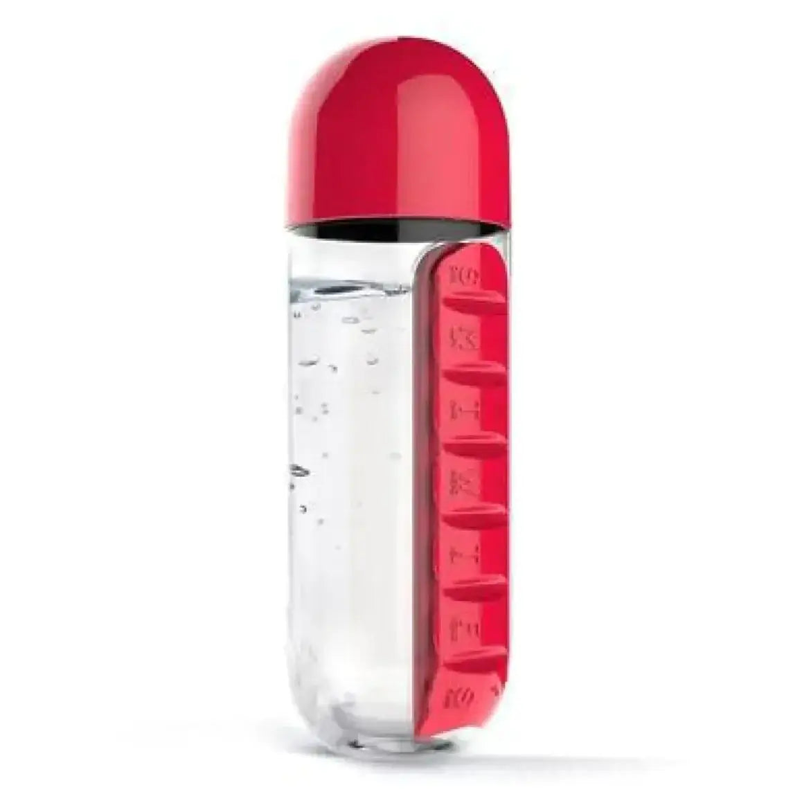 FreshWave Essentials pill organizer water bottle with red cap and built-in daily pill compartments
