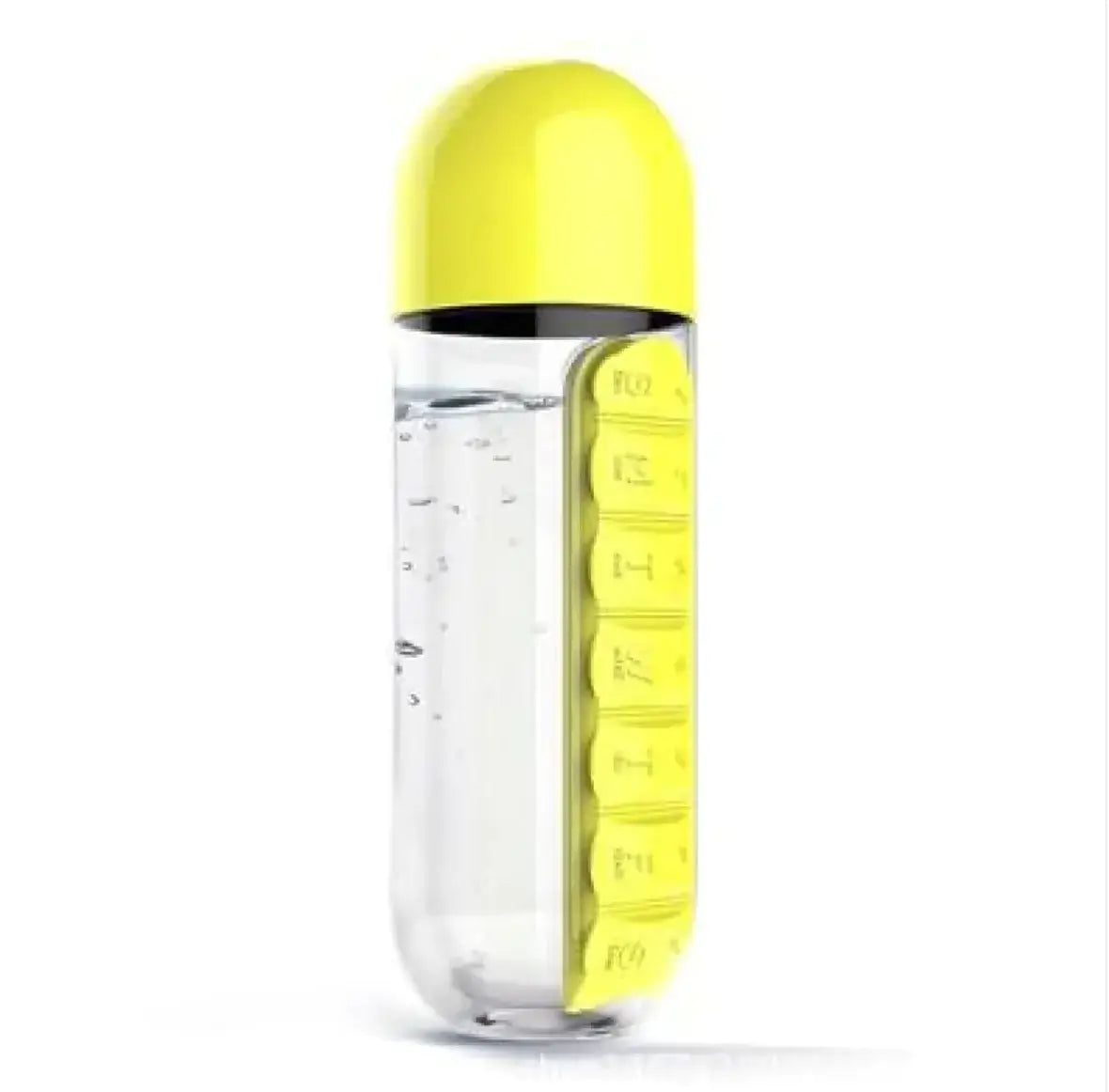 FreshWave Essentials pill organizer water bottle with yellow cap and built-in daily pill compartments