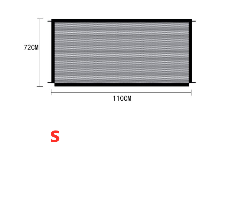 Diagram showing dimensions of portable pet safety gate with 110cm width and 72cm height