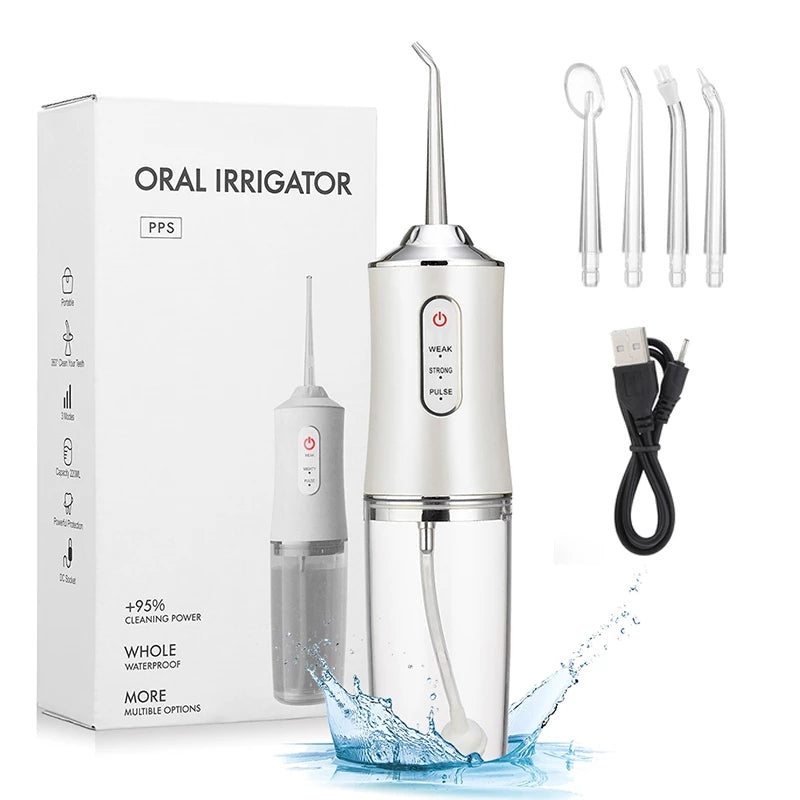 Waterproof dental irrigator with multiple nozzles USB charger and white sleek design for oral care