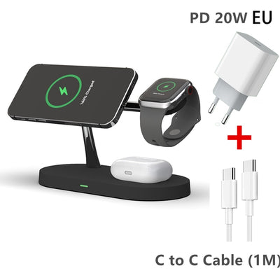 3-in-1 magsafe charging stand with black base charging phone, smartwatch, earbuds plus white PD 20W EU adapter and C to C cable