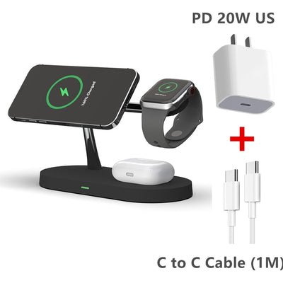 3-in-1 magsafe charging stand with wireless phone charger, smartwatch dock, earbud case holder, and included PD 20W US charger with C to C cable