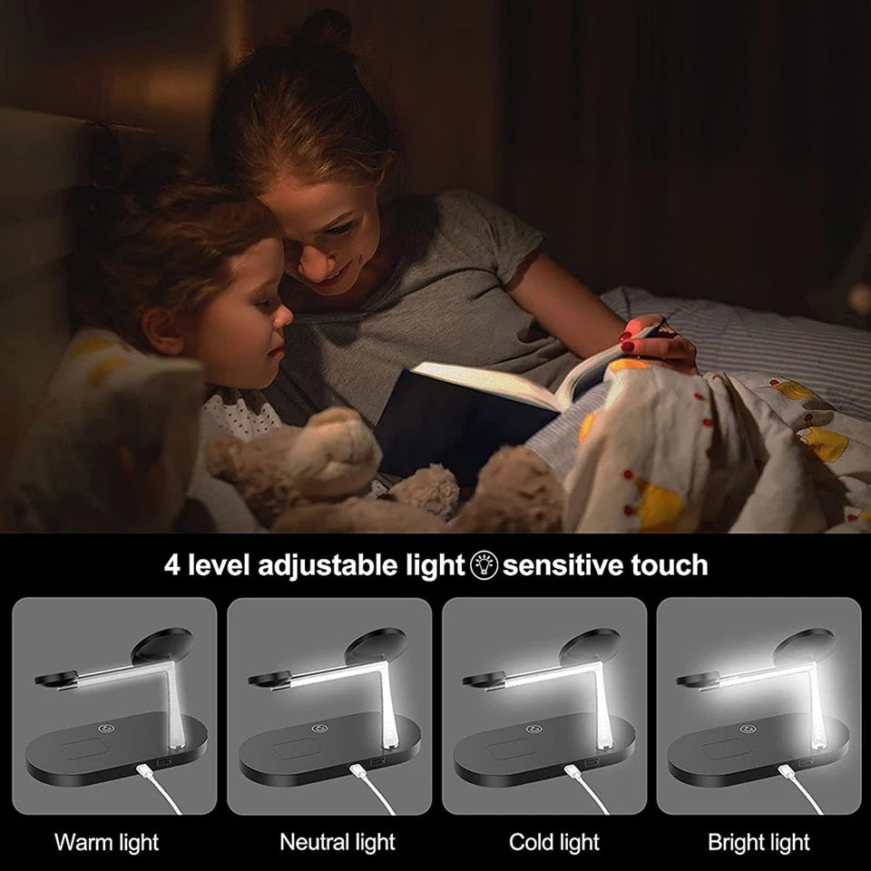 3-in-1 magsafe charging stand with four adjustable light levels including warm, neutral, cold, and bright light
