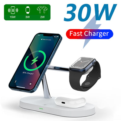 3-in-1 magsafe charging stand with fast 30W wireless charger for iPhone, Apple Watch, and AirPods