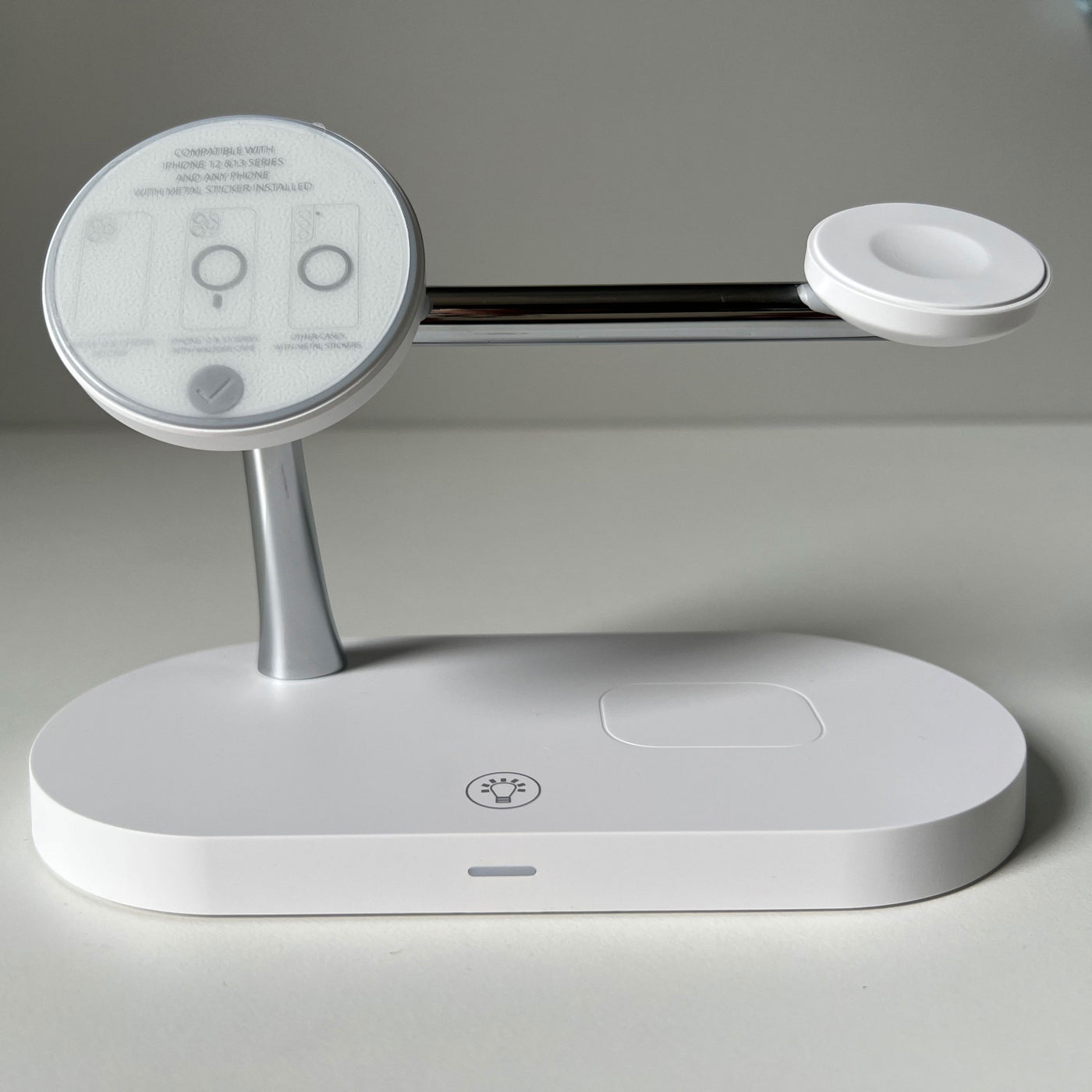White and silver 3-in-1 magsafe charging stand with multiple charging spots for Apple devices
