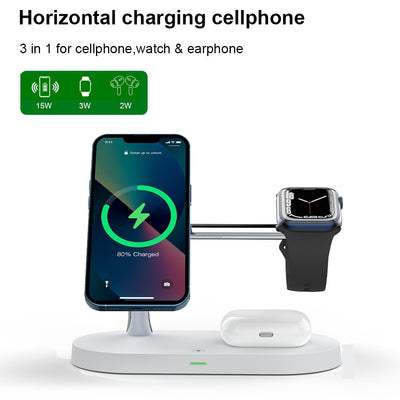 3-in-1 magsafe charging stand with phone, smartwatch, and wireless earbuds charging on a white base