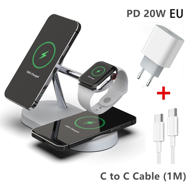 3-in-1 magsafe charging stand with wireless charging for phone, watch, and earbuds plus PD 20W EU adapter and C to C cable