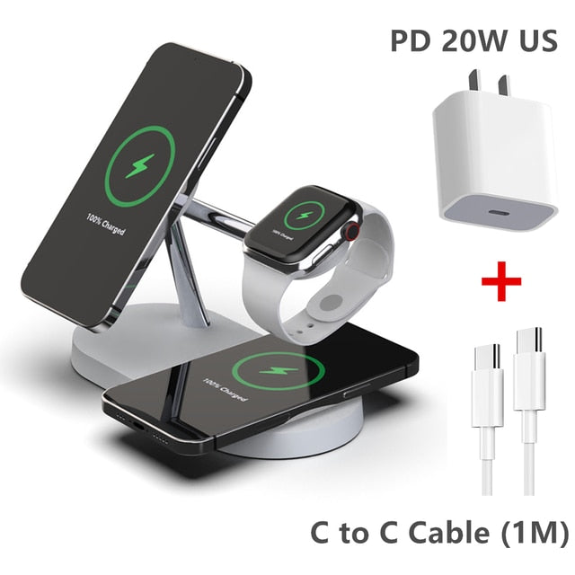 3-in-1 magsafe charging stand with wireless charging for phone and watch plus PD 20W US charger and C to C cable