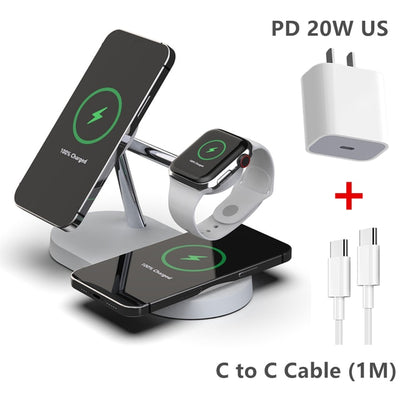 3-in-1 magsafe charging stand with wireless charging for phone and watch plus PD 20W US charger and C to C cable