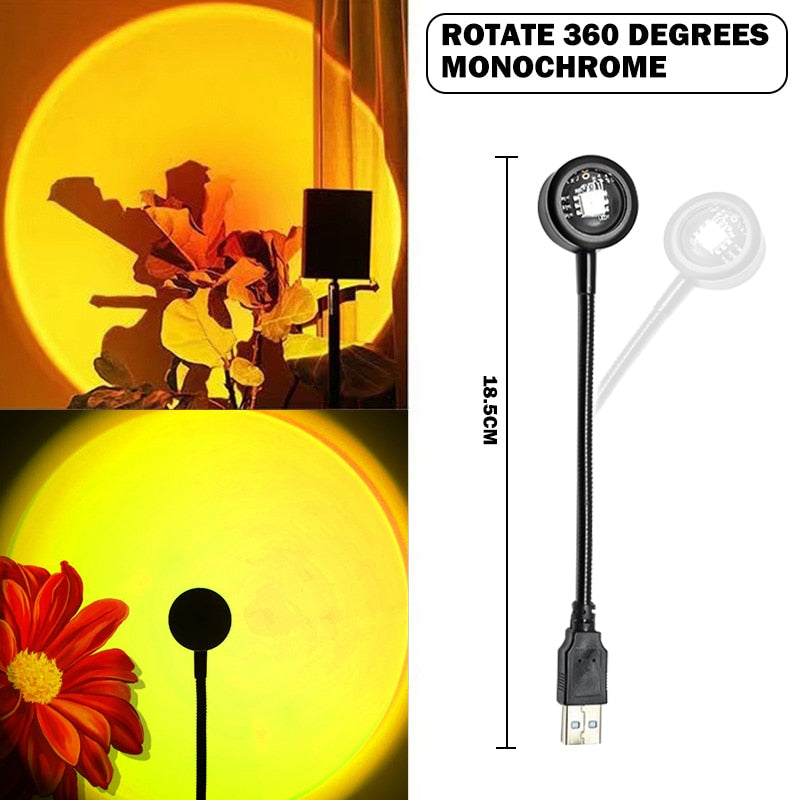 Aesthetic sunset projection lamp with 360 degree rotation and USB plug showing warm yellow sunset light