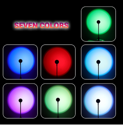 Aesthetic sunset projection lamp displaying seven vibrant color options including green blue red purple and white