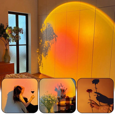 Aesthetic sunset projection lamp casting warm orange and pink light with shadow effects in a cozy room