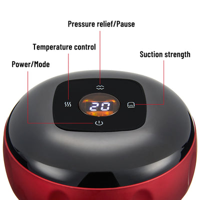 Control panel of at-home cellulite therapy massager showing power mode temperature control suction strength and pressure relief buttons