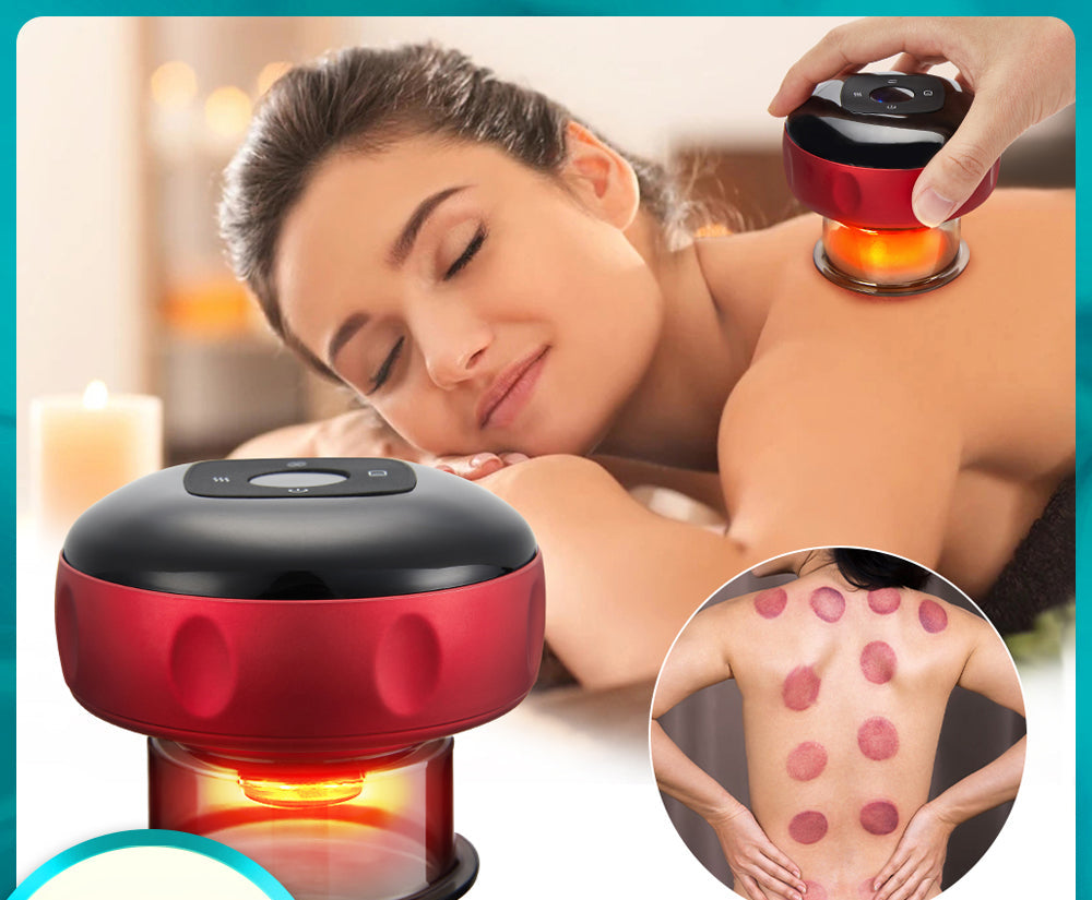 Woman using red at-home cellulite therapy massager on shoulder for skin smoothing and muscle relaxation