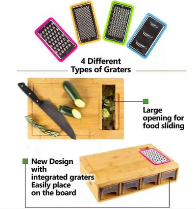 Bamboo cutting board with integrated graters and a knife on a white background