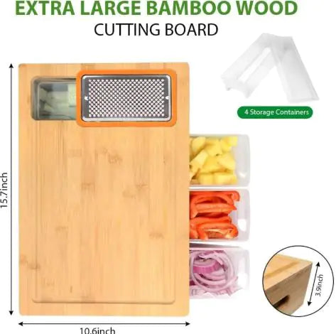 Bamboo cutting board with grater and storage containers on a white background