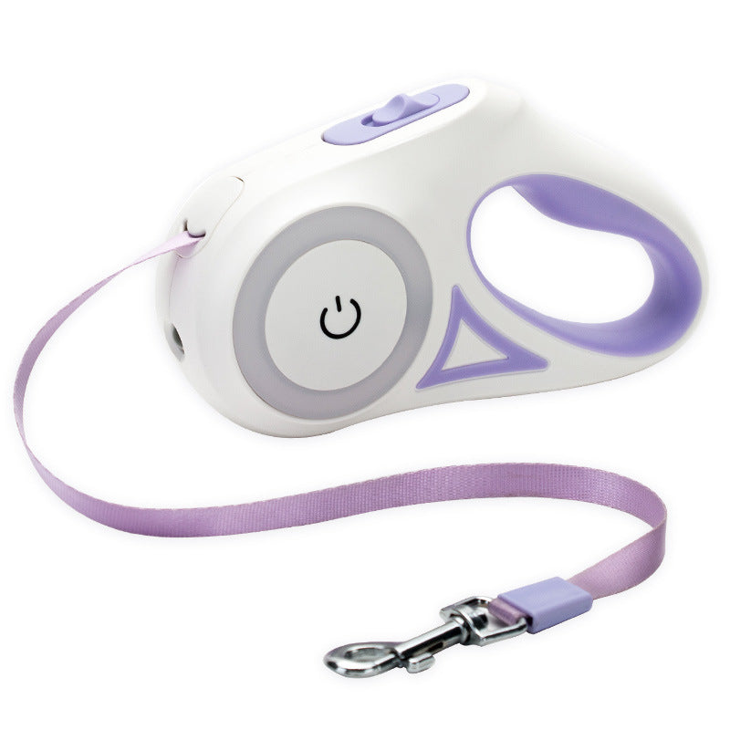 White and purple best LED leash for walking dogs at night with retractable tape and power button