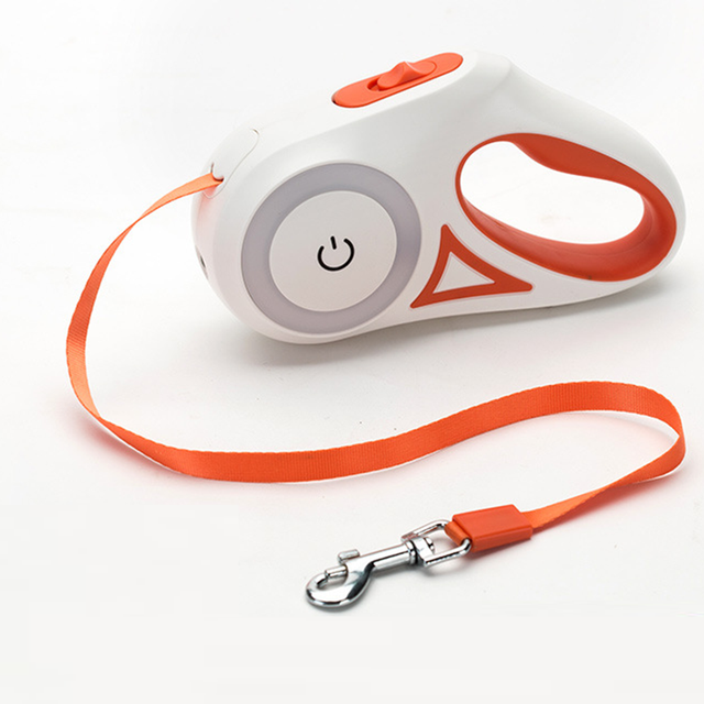 Best LED leash for walking dogs at night with white and orange retractable handle and bright orange strap