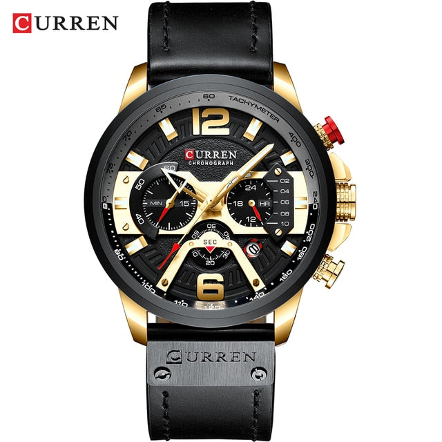 Curren military chronograph leather watch with black dial gold accents and black leather strap
