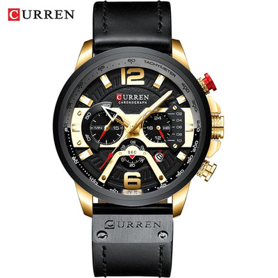 Curren military chronograph leather watch with black dial gold accents and black leather strap