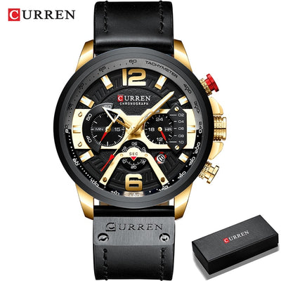 Curren military chronograph leather watch with black and gold dial and black leather strap