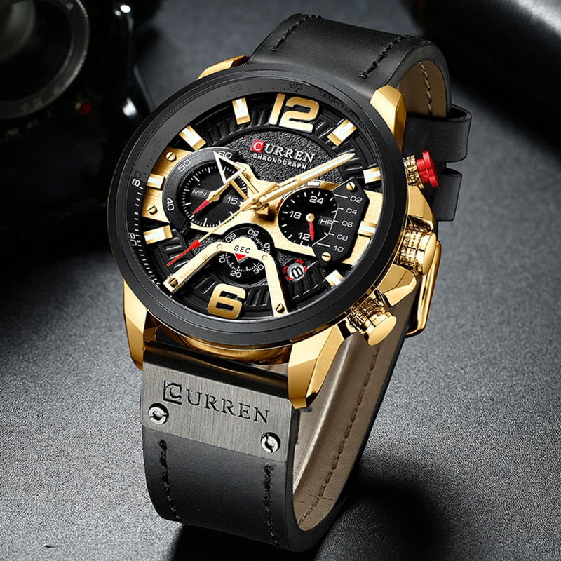 Military chronograph leather watch with gold and black dial and black leather strap