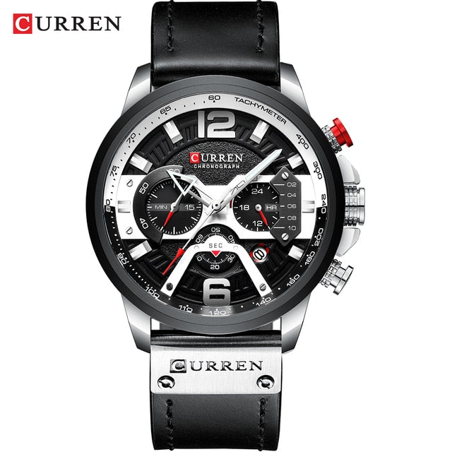 Curren military chronograph leather watch with black dial and silver case from My Store