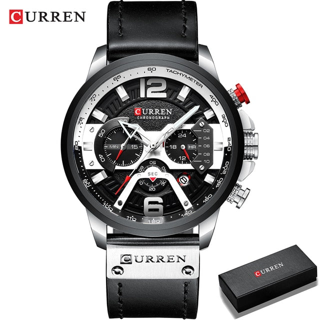 Curren military chronograph leather watch with black dial and black leather strap