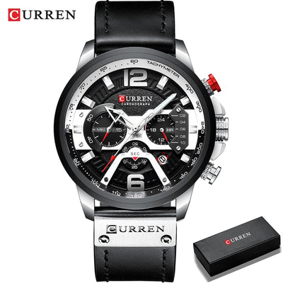 Curren military chronograph leather watch with black dial and black leather strap
