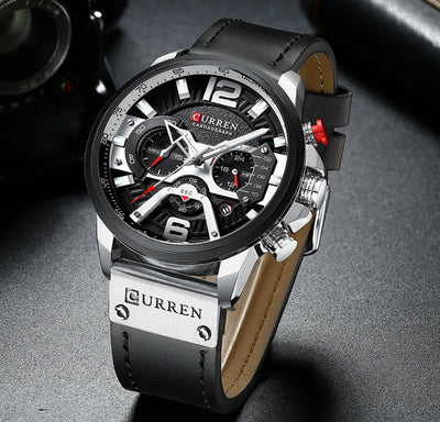 Military chronograph leather watch with black dial and black leather strap by My Store