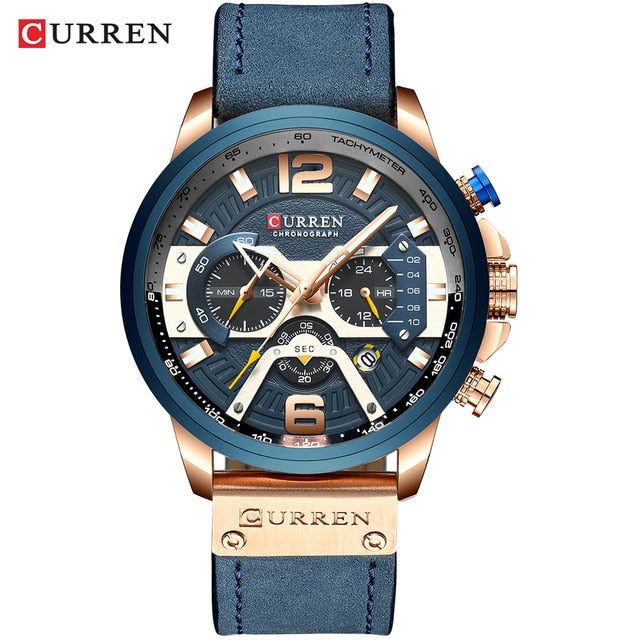 CURREN military chronograph leather watch with blue strap and rose gold case, tachymeter dial