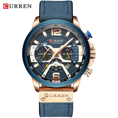 CURREN military chronograph leather watch with blue strap and rose gold case, tachymeter dial
