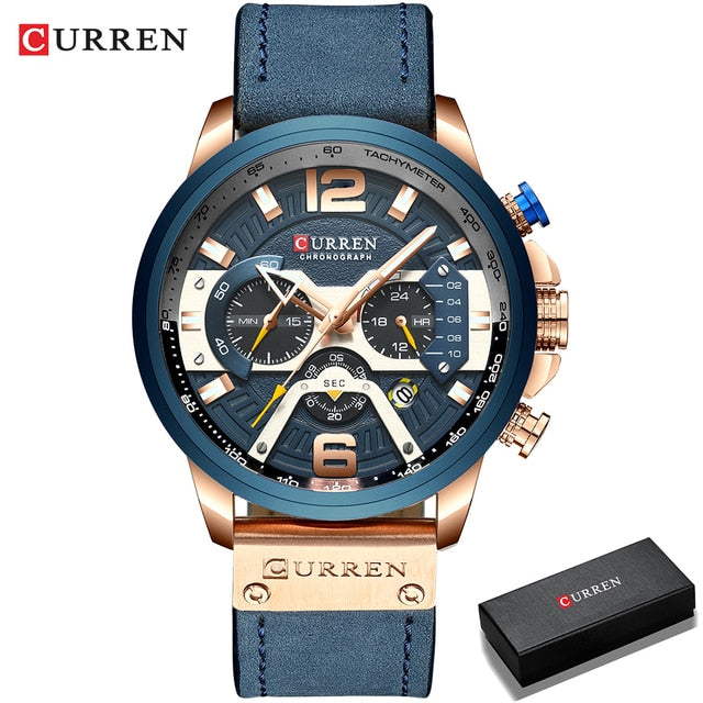 Curren military chronograph leather watch with blue strap and rose gold case in gift box