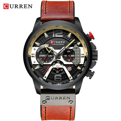 Curren military chronograph leather watch with black dial and brown leather strap