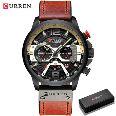 Curren military chronograph leather watch with black dial and brown leather strap for men