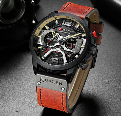 Military chronograph leather watch with black dial and brown leather strap by My Store